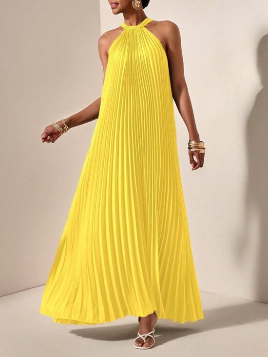 MODA ME COUTURE Dresses & Skirts - Yellow Casual Women's Halterneck Pleated A-Hem Loose Maxi dress